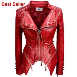 Women's Punk Studded Faux-alligator Print PU Leather Moto Jacket